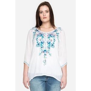 Johnny Was blue moon 3/4 sleeve embroidered georgette top tunic sz S